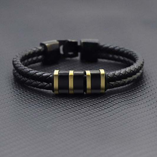 Black Leather Braided Bracelet with Stainless Steel Beads